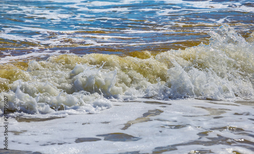 closeup sandy sea beach, summer sea vacation background