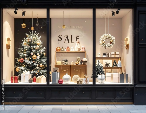 Festive Christmas Storefront Window Display with Sale Signage.
