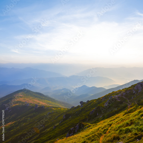 Bild auf Leinwand summer green mountain valley at the sunrise, early morning mountain travel scene