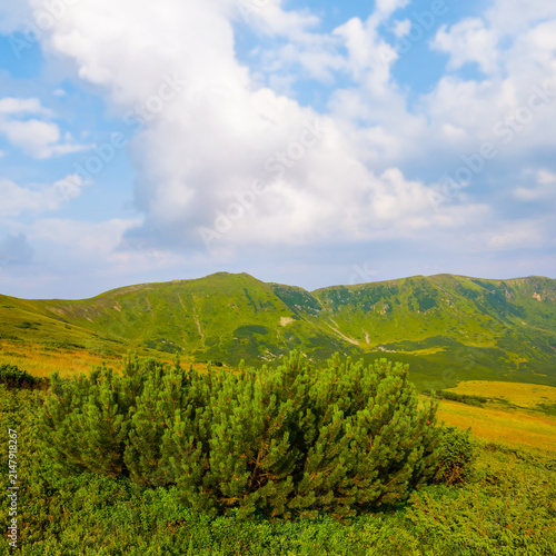 green mountain valley under a blue cloudy sky
