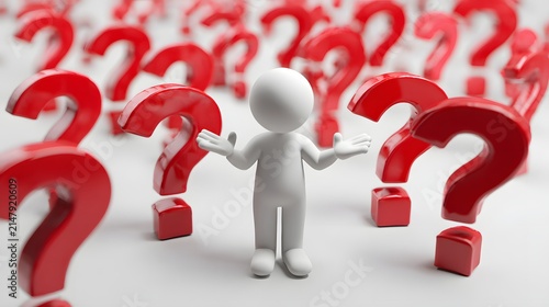 Minimalist 3D white stick figure surrounded by large red question marks, representing curiosity, uncertainty, problem solving, decision making, and critical thinking.