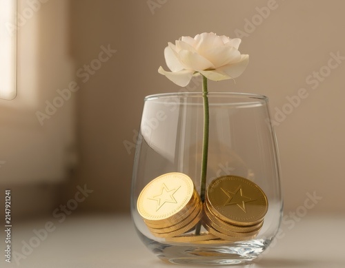 White Flower and Gold Coins in Clear Glass Vase, Evoking Wealth and Natural Elegance