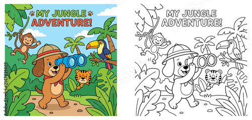 Sticker Cute Jungle Adventure Explorer Dog with Binoculars Monkey Toucan Tiger Coloring