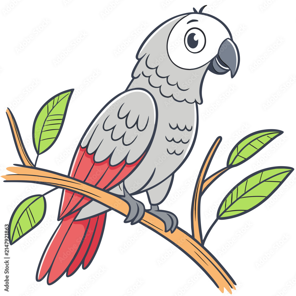 Fototapeta premium African Grey Parrot Illustration for Educational and Wildlife Content. Hand-Drawn Vector of a Parrot on a Branch.