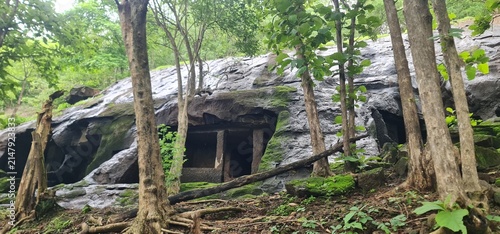 Exterior View of Ancient Rock Cut Facade and Wet Basalt Walls of Kuda Caves in Monsoon, Maharashtra