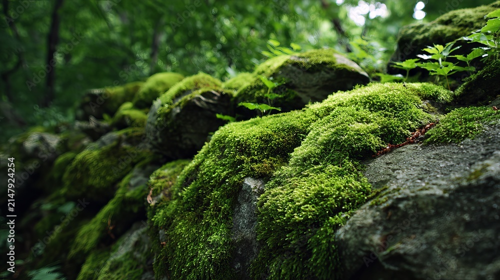 Fototapeta premium Lush moss blankets ancient rocks in a dense, vibrant forest setting, evoking tranquility and natural beauty