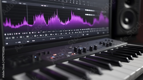 Close-up of a digital audio workstation with a keyboard and audio waveform displayed on the screen.