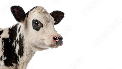 Close up portrait headshot of black white cow isolated on transparent background
