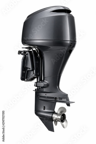 Outboard boat motor isolated on white background. High-performance marine engine for fishing, sailing, and water sports.