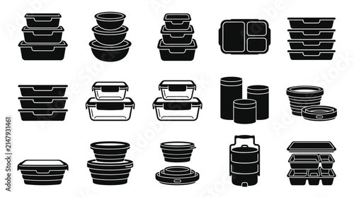 Food Storage Containers Silhouette Icon Set Vector Illustration
