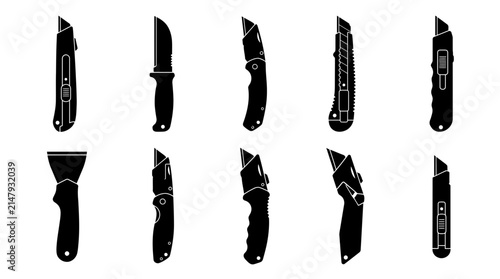 Utility Knife Silhouette Vector Set with Various Box Cutters and Blades