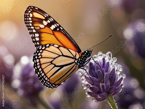 Close up of a beautiful orange monarch butterfly with sparkling water droplets on lavender