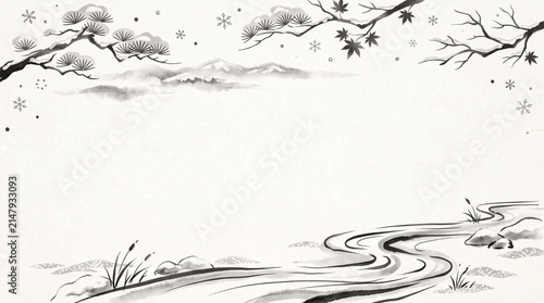Obraz na płótnie 雪景色と松、墨絵風に描いた冬の和風背景
