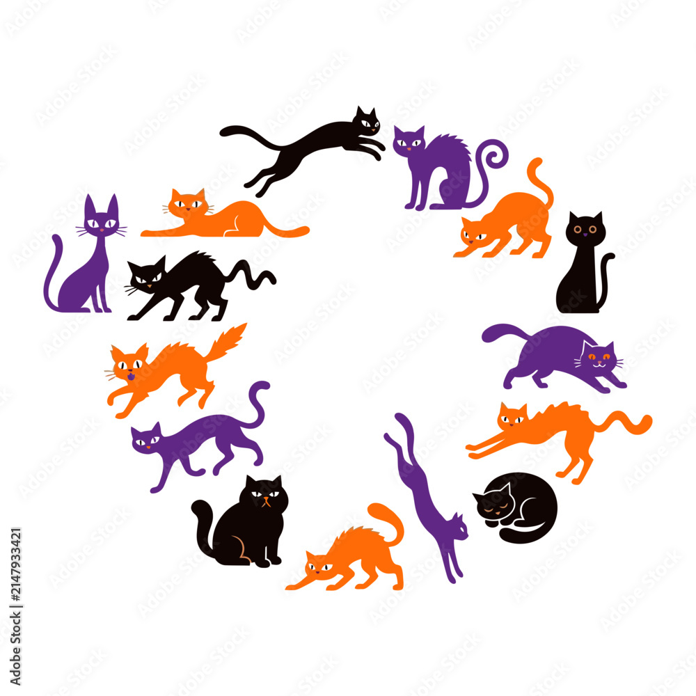 Fototapeta premium Black Cats in Various Poses Arranged in a Circle with White Background Vector Illustration
