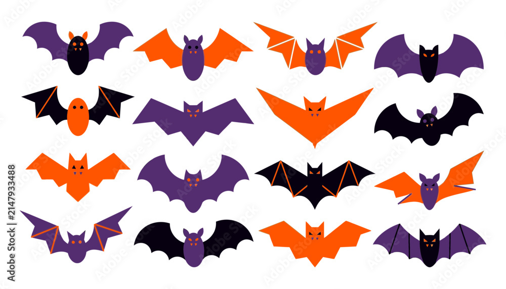 Fototapeta premium Collection of stylized black bat silhouettes flying in various poses against a white background in vector illustration style