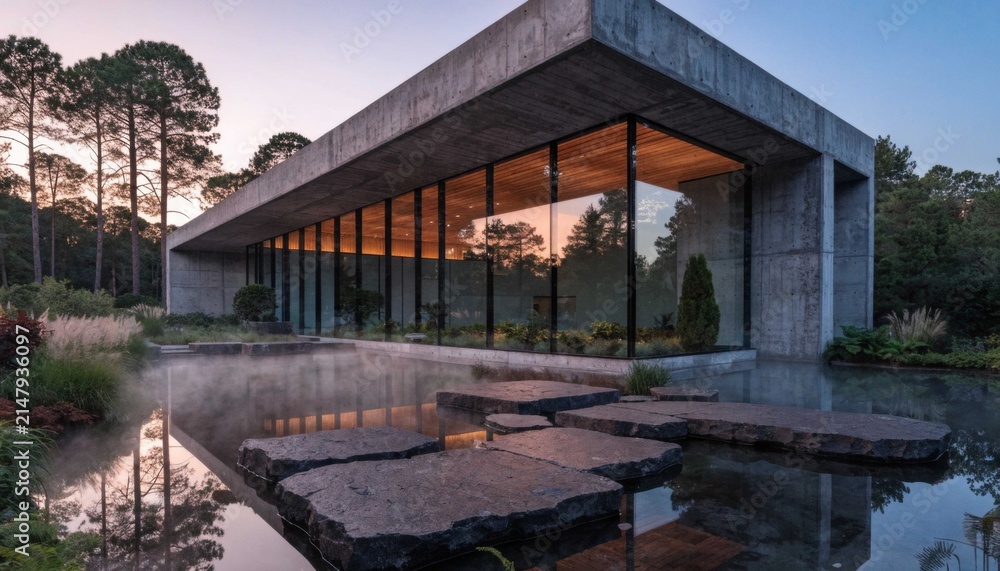Fototapeta premium Modern concrete building with glass facade overlooking tranquil reflecting pool