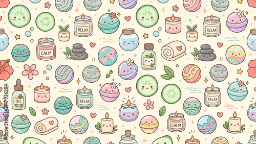 Cute Kawaii Spa and Wellness Seamless Pattern.