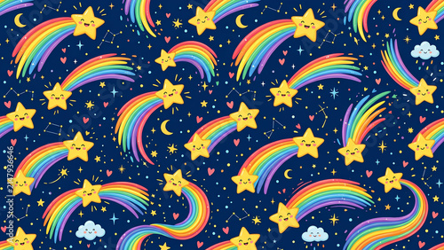 Seamless pattern with cute cartoon shooting stars and rainbows on dark blue background.
