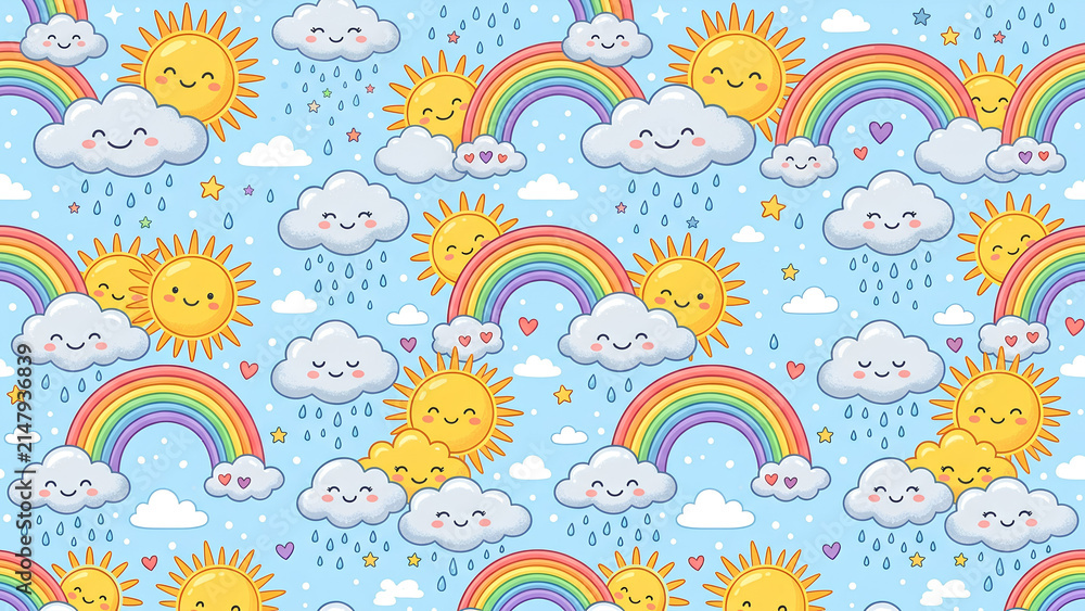 Obraz premium Seamless pattern with cute cartoon suns rainbows and clouds.
