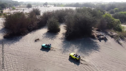 Aerial View of Off Road Vehicles Driving Across Gumuk Pasir Parangkusumo Sand Dunes in Yogyakarta