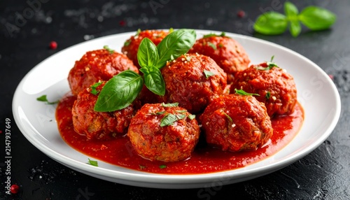 Delicious Meatballs in Tomato Sauce with Fresh Basil Served on a Plate, Traditional Beef Cuisine Dish with Red Sauce for a Tasty Dinner Meal