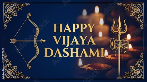 Golden bow and trishula decoration on blue texture for Vijaya Dashami festival greeting card design and religious hindu culture banner