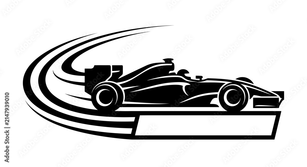 Fototapeta premium Dynamic black and white illustration of a sleek Formula 1 race car in motion, leaving a trail of speed lines, with a blank space for text.