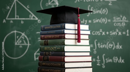 Graduation cap resting on a stack of academic textbooks against a green chalkboard with mathematical formulas