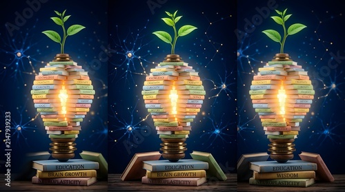 Light bulb made of stacked books with a growing plant sprout representing knowledge and intellectual development