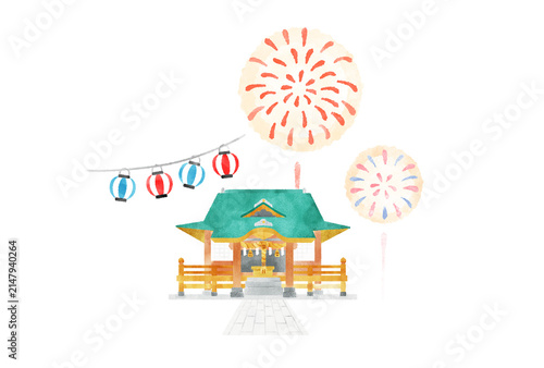 神社のお祭りの水彩イラスト