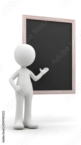 3D white stick figure pointing at a blank blackboard, representing education, presentations, teaching, business planning, communication, and learning concepts.