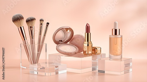 Set of luxury cosmetic makeup products with brushes on glass podiums.