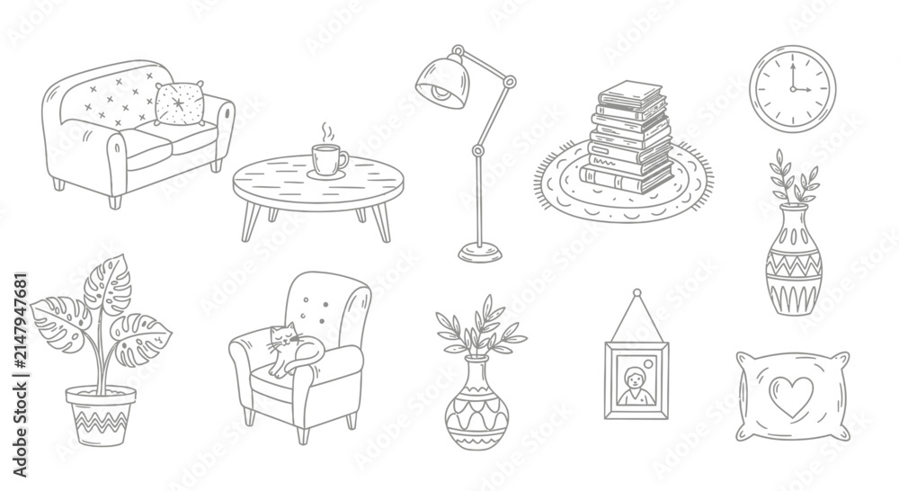 Fototapeta premium Hand Drawn Interior Design Elements and Home Decor Sketch Set.