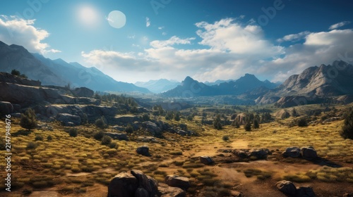Majestic Mountain Valley Landscape Under Sunny Sky