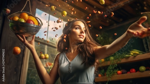 Magical Woman with Floating Fruit and Seeds