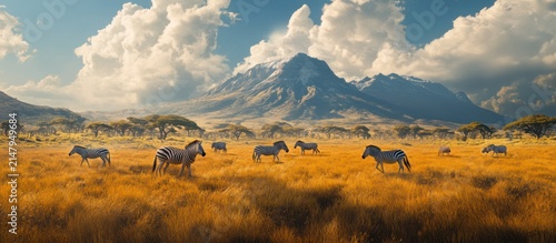 Zebras Grazing in African Savanna with Mountain