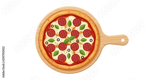 Top view vector illustration of pepperoni pizza on wooden board