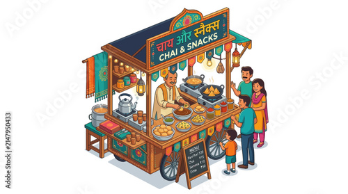 Traditional Street Food Stall Illustration with Vendor Serving Snacks