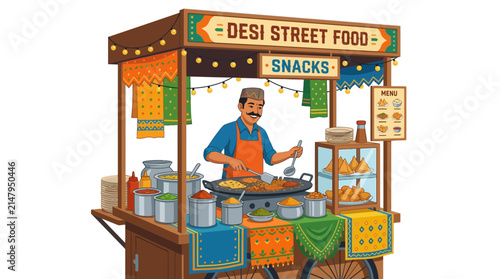 Traditional street food vendor cooking snacks at a colorful stall