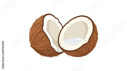 Vector illustration of two split coconut halves with water