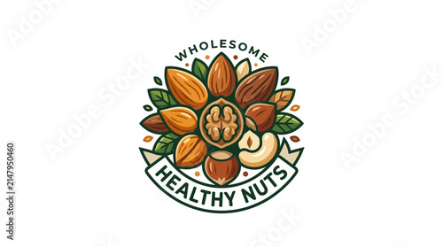 Vector badge illustration of mixed organic nuts and green leaves