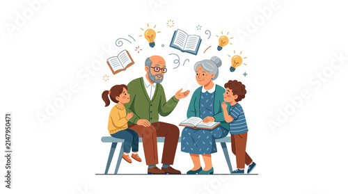Senior couple sharing stories and wisdom with grandchildren vector illustration