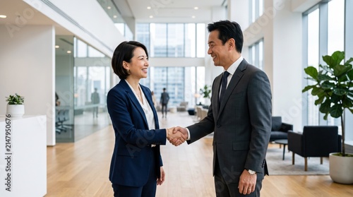 Asian business partners shaking hands in bright modern office lobby, successful deal agreement and professional partnership concept
