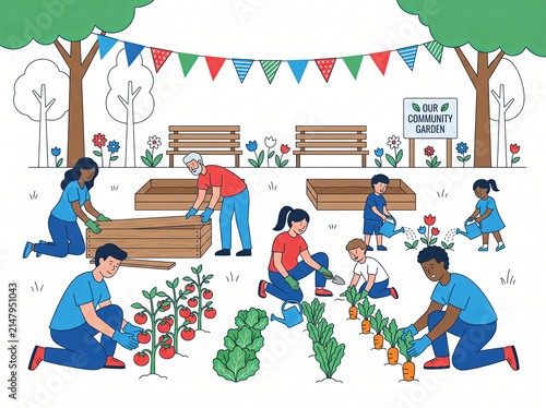Diverse group working in a community garden with vegetables and festive bunting.