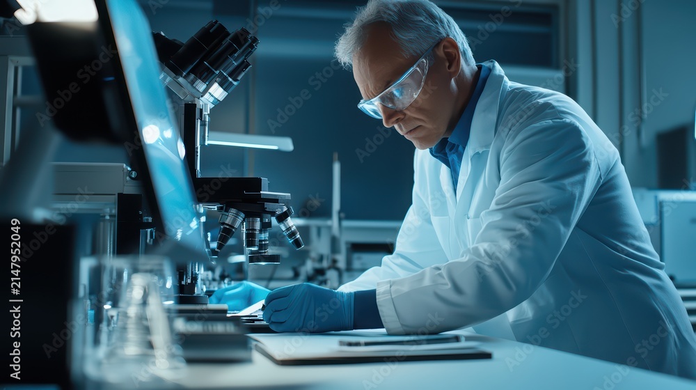 Fototapeta premium Researcher wearing protective eyewear and blue gloves examines data on a computer screen while working in a dimly lit laboratory environment that features advanced scientific testing instrumentation.