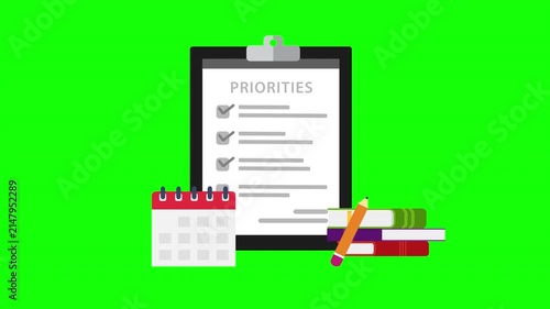 Business Priorities Checklist with Calendar Books and Pencil on Clipboard Green Screen Animation
