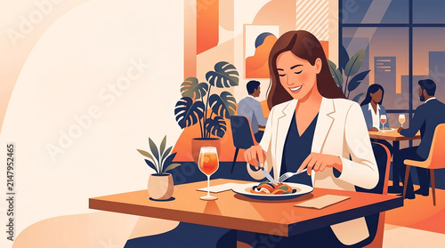 Beautiful business woman having delicious dinner at modern restaurant web banner design