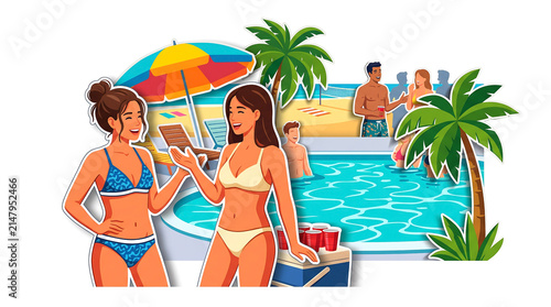 Happy friends enjoying summer vacation at resort