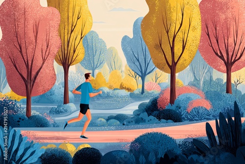 Man jogging through a stylized park landscape with vibrant, warm autumnal color palette and stylized tree forms
