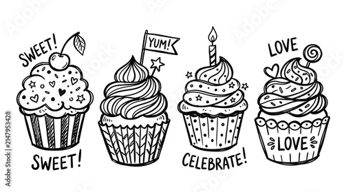 Принти на полотні Set of Hand Drawn Sweet Cupcakes with Cherry Candle and Flag for Celebration and